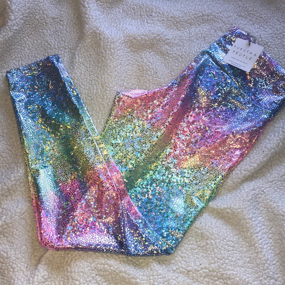 NWT Purusha People Rainbow Foil Metallic Full Length Leggings Sz L